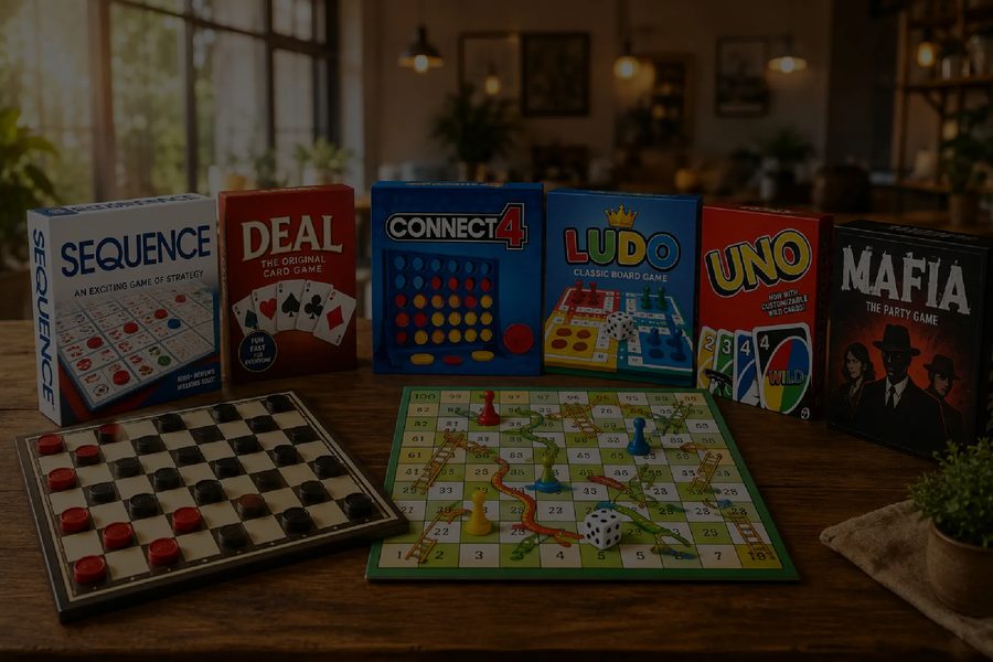 Board games stacked on a table at Chai Garam